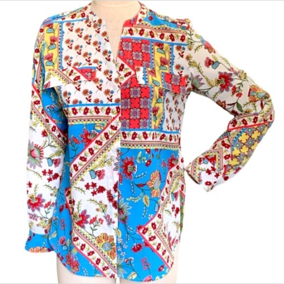 Calvin Klein Button Front Shirt Sz S Mixed Print Floral Patchwork Colorful #11H - Picture 2 of 8